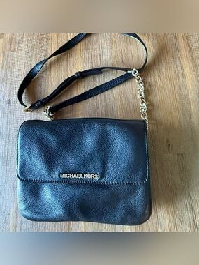 Michael Kors Black Pebbled Leather Crossbody with Detachable Gold Chain Accent